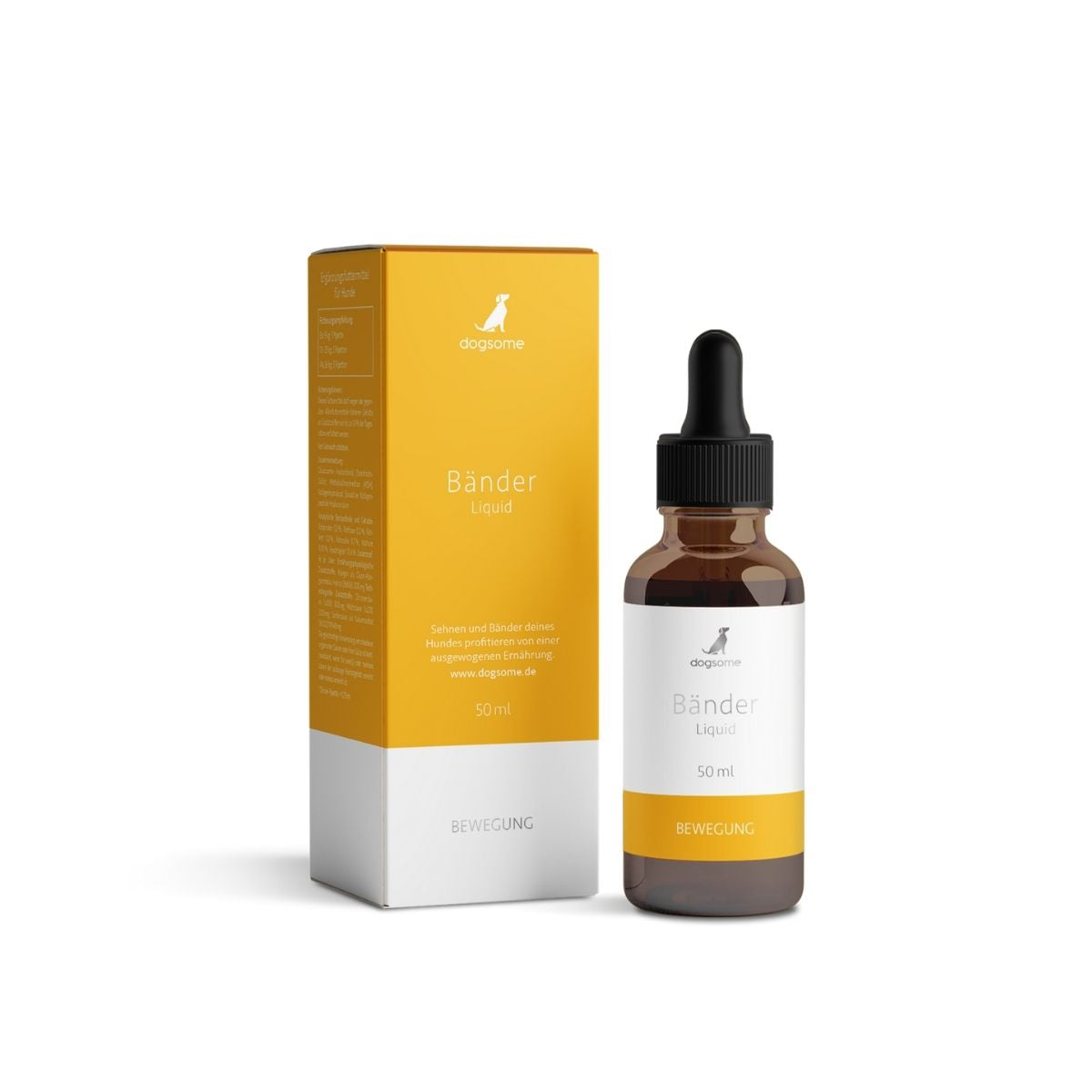 dogsome Ergänzungsfuttermittel für Hunde, unterstützt Sehnen & Bänder des Hundes. Flasche in braun und Verpackung schräg.