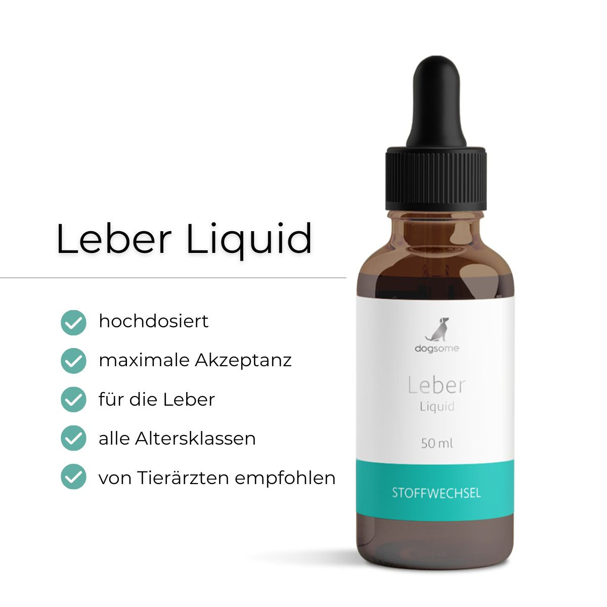 dogsome Leber Liquid Flasche von vorne. Vorteile hochdosiert, maximale Akzeptanz, für Leber & Stoffwechsel, alle Altersklassen, laborgeprüft und vom Tierarzt empfohlen.