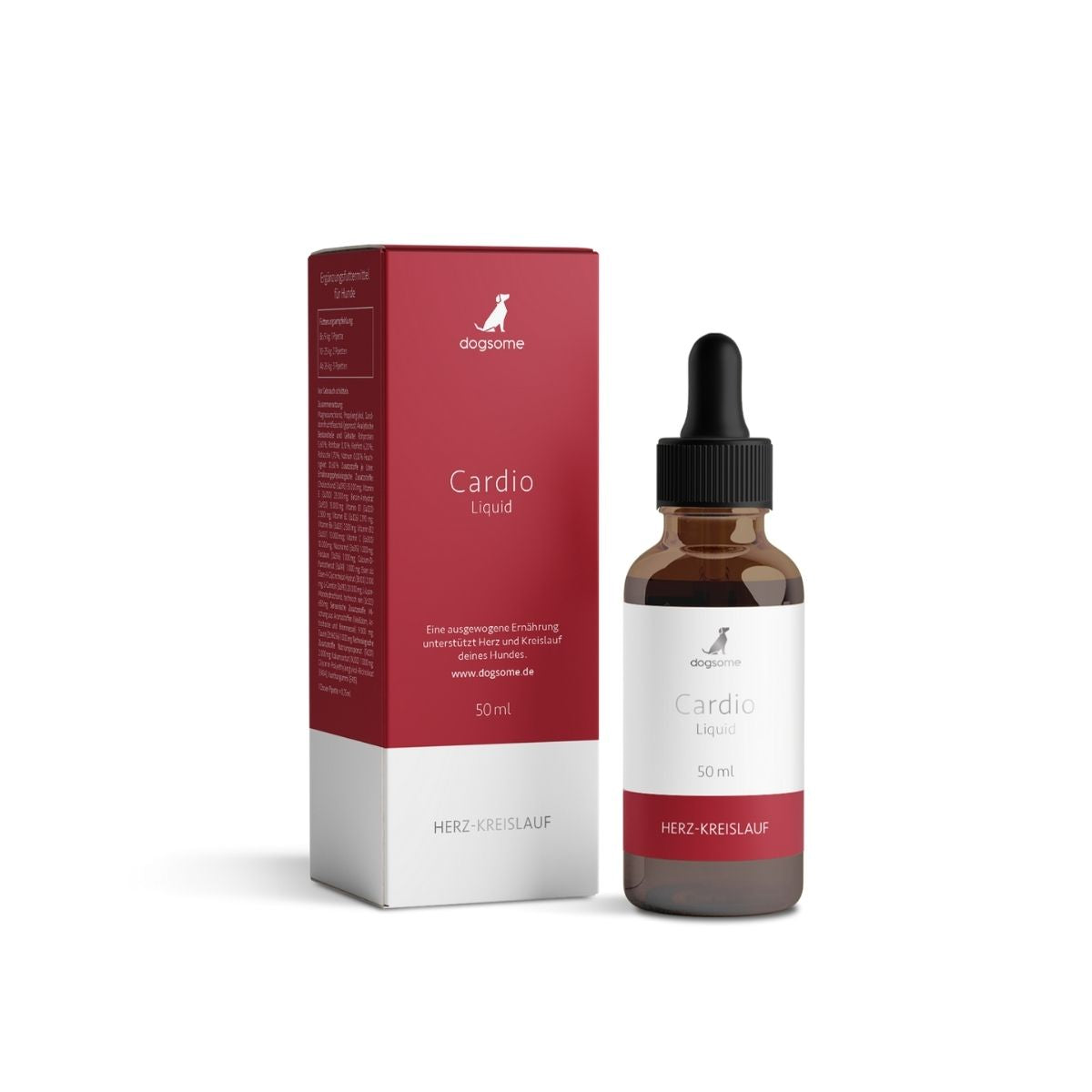 dogsome Ergänzungsfuttermittel für Hunde, unterstützt das Herz-Kreislaufsystem von Hunden. Flasche in braun und Verpackung schräg.