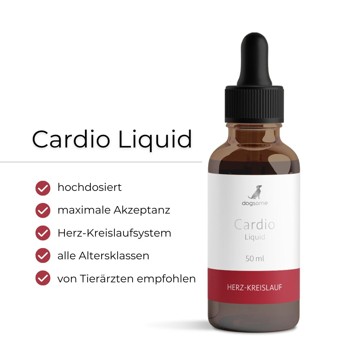 dogsome Cardio Liquid Flasche von vorne. Vorteile hochdosiert, maximale Akzeptanz, für Herz & Kreislauf, alle Altersklassen, laborgeprüft und vom Tierarzt empfohlen.