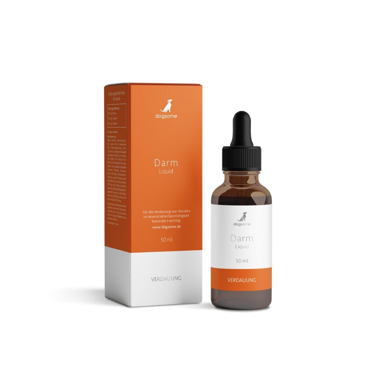 dogsome Ergänzungsfuttermittel für Hunde, unterstützt den sensible Darm des Hundes. Flasche in braun und Verpackung schräg.