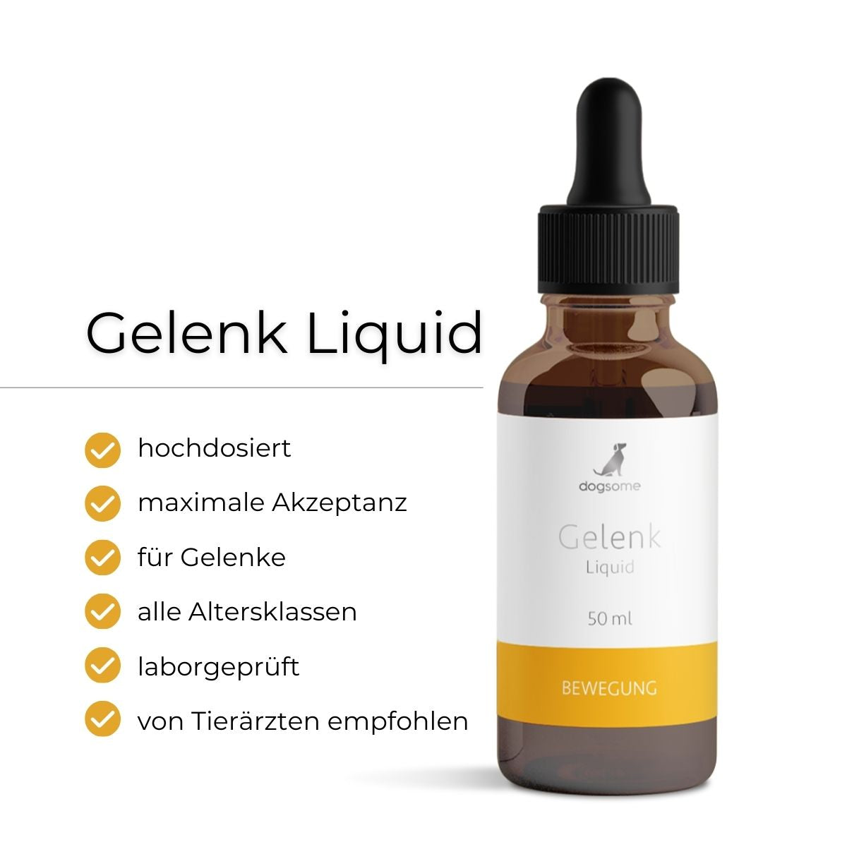 dogsome Gelenk Liquid Flasche von vorne. Vorteile hochdosiert, maximale Akzeptanz, für Arthrose & Gelenke, alle Altersklassen, laborgeprüft und vom Tierarzt empfohlen.