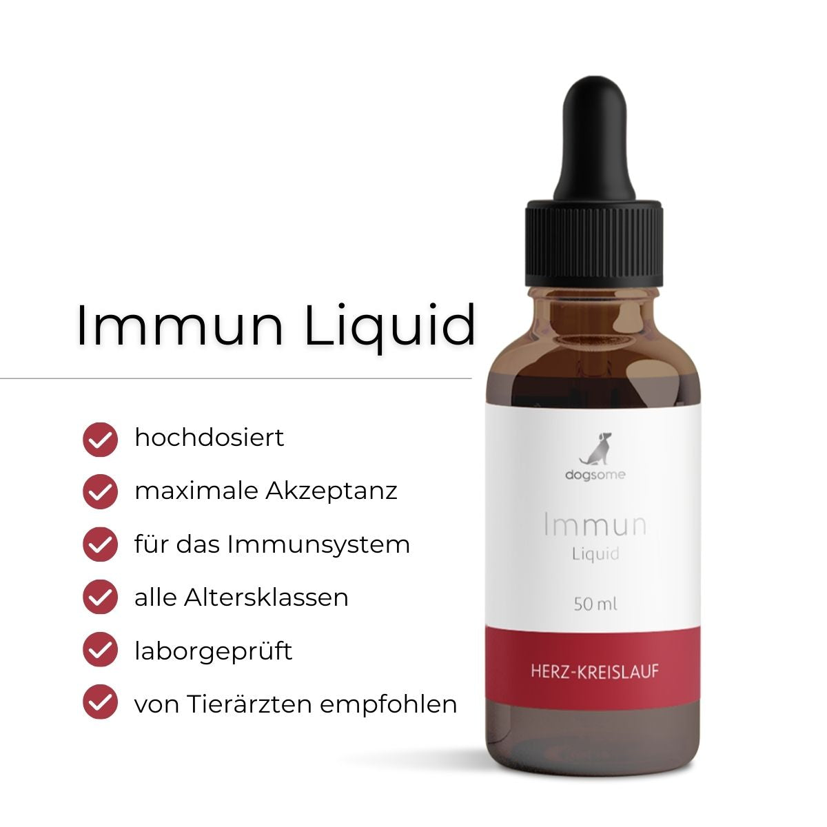 dogsome Immun Liquid Flasche von vorne. Vorteile hochdosiert, maximale Akzeptanz, für Immunsystem & Abwehrkräfte, alle Altersklassen, laborgeprüft und vom Tierarzt empfohlen.