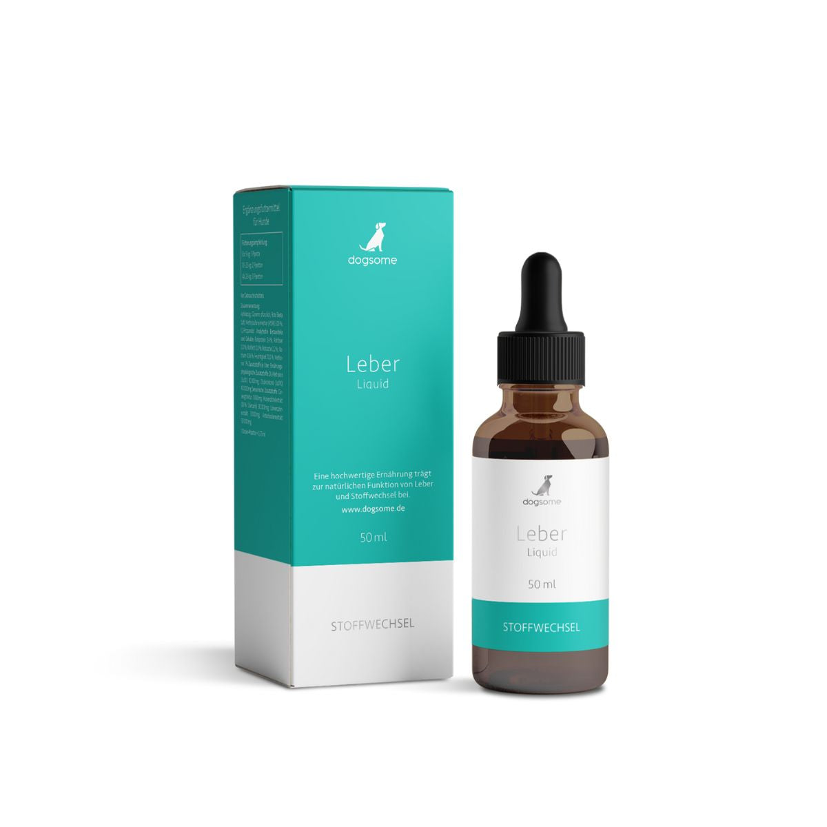 dogsome Ergänzungsfuttermittel für Hunde, unterstützt Leber & Stoffwechsel von Hunden. Flasche in braun und Verpackung schräg.